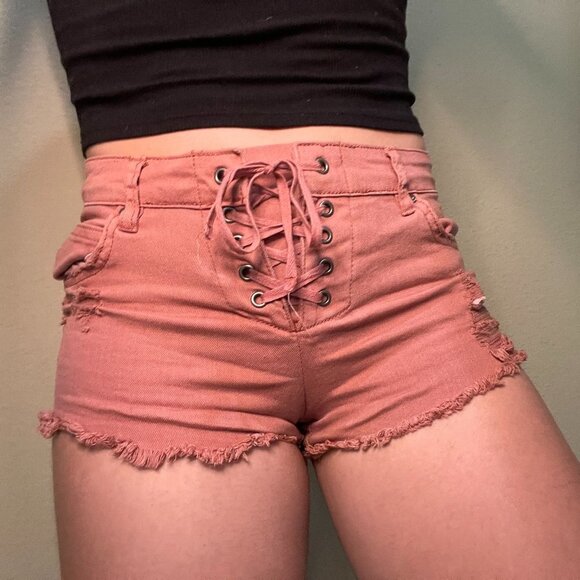 BILLABONG Lace Up Coral Pink Denim Shorts - size 24 - Picture 2 of 3